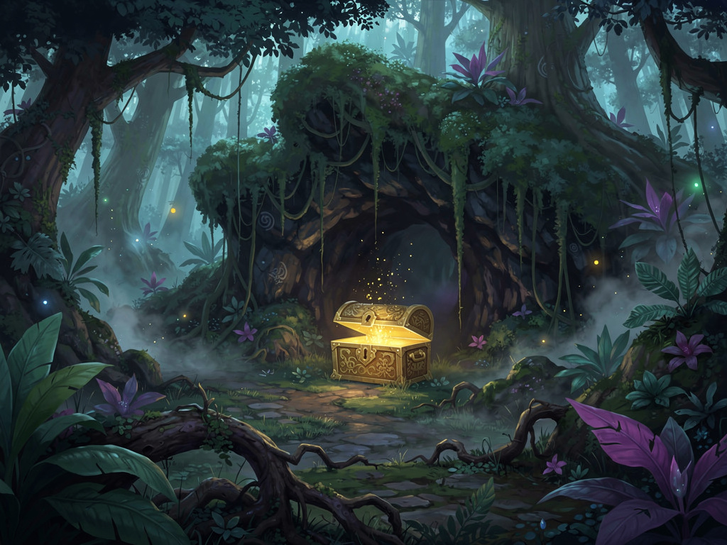 Grotte cachée dans la jungle avec un coffre rempli d'or